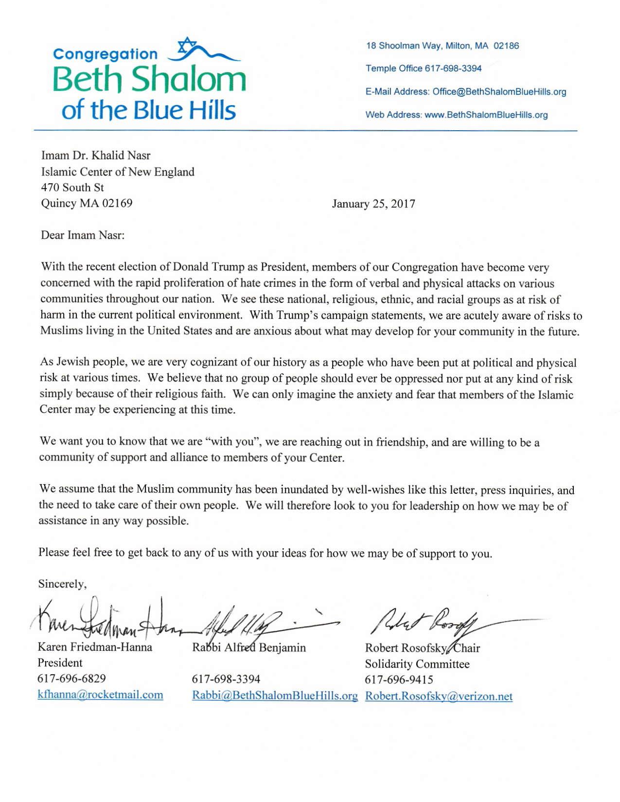 Letter from CBSBH to Quincy Mosque
